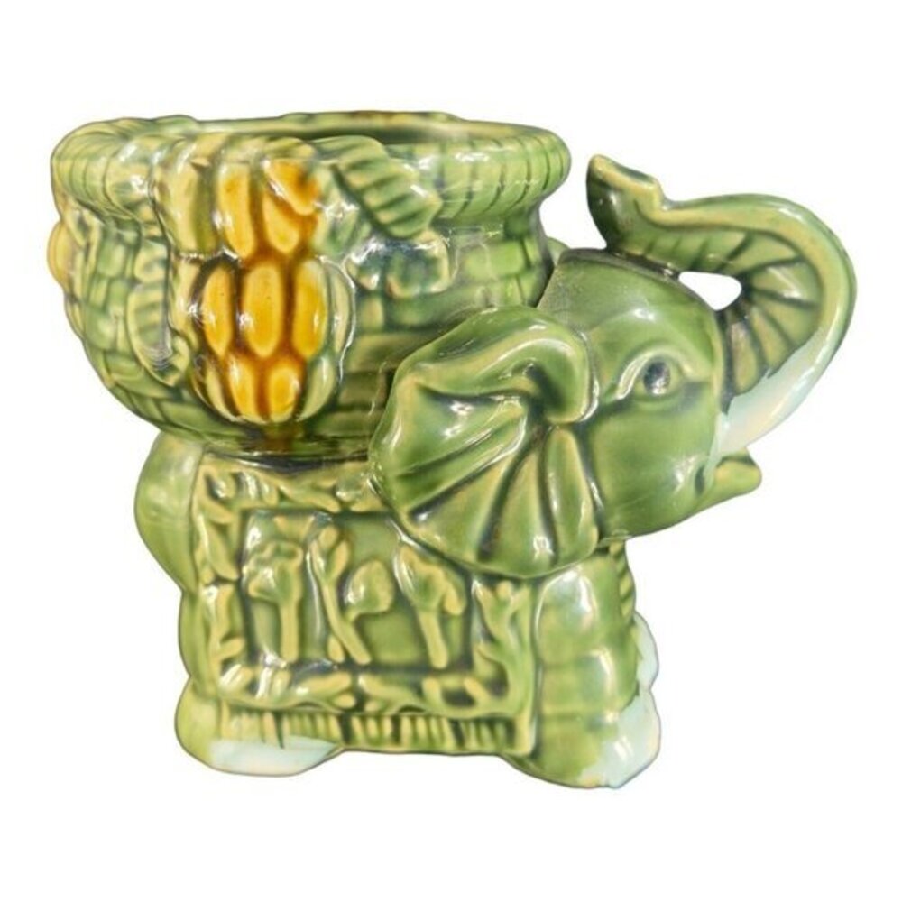 Vintage Majolica Style Ceramic Elephant Dish Bowl Candle Votive Holder Green